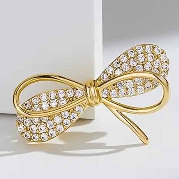 Bowknot Rhinestone Brooch Pin Lapel Gold Bow Sparkle Glam Simple Mimimalist GIFT - Picture 1 of 3